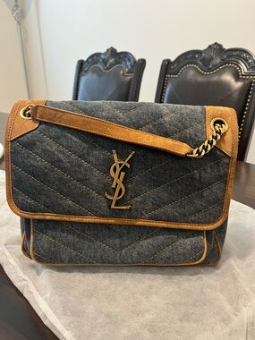 Saint Laurent Denim Niki Tan Suede Quilted Shoulder Bag with Gold Hardware